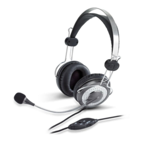 Black and silver headset with microphone on a white background