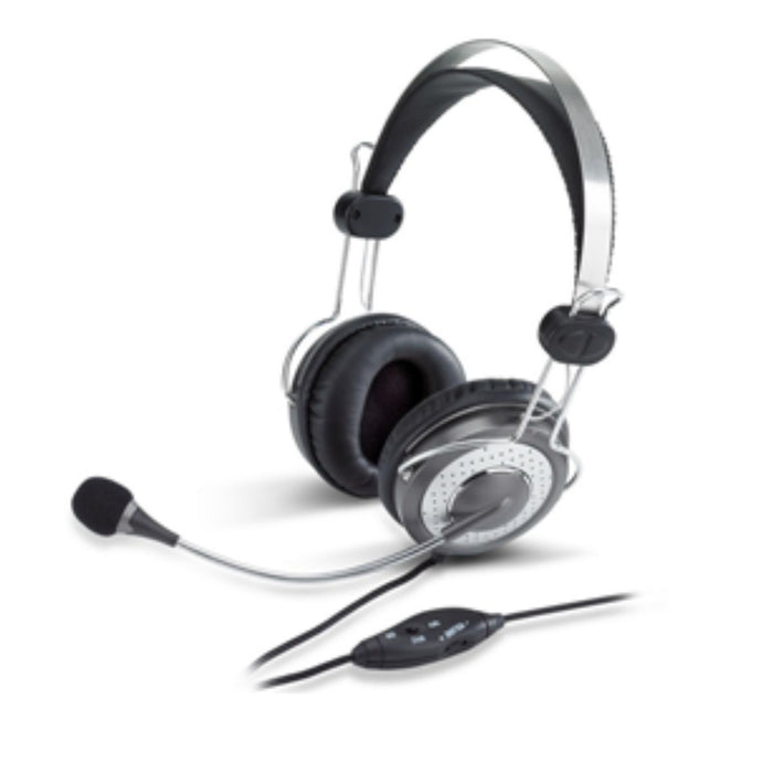 Black and silver headset with microphone on a white background