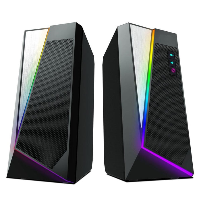 Two black computer cases with RGB lighting on a white background