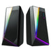 Two black computer cases with RGB lighting on a white background