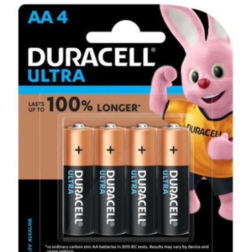 Pack of Duracell Ultra AA batteries with a cartoon character on a white background