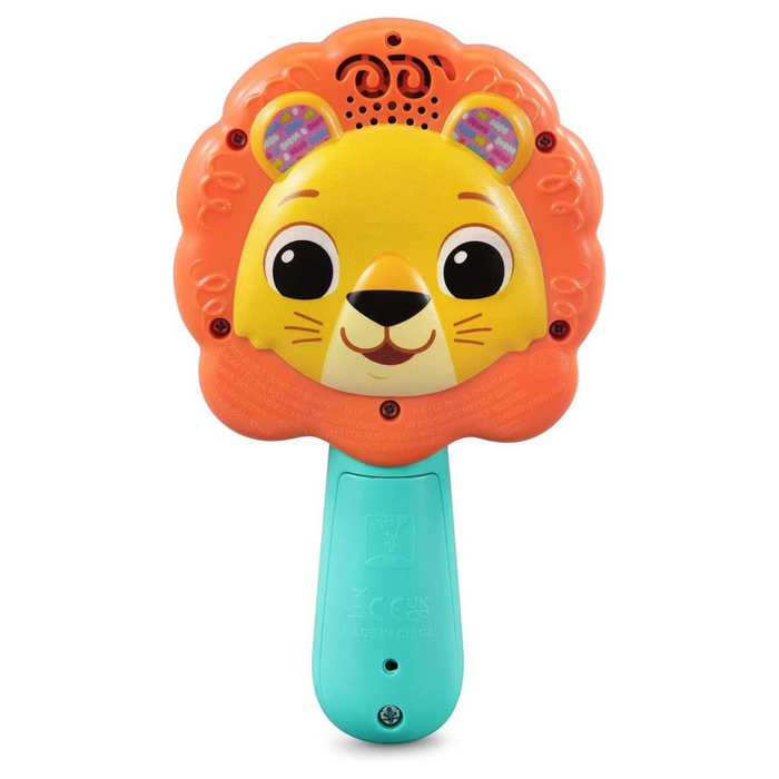 Toy lion with an orange mane and turquoise body on a white background