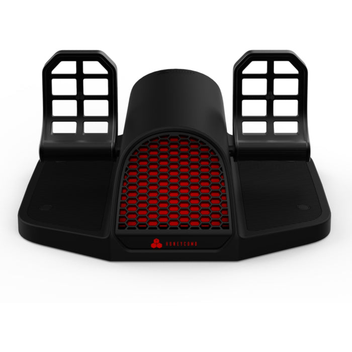 Black and red gaming footrest with a brand logo on a white background