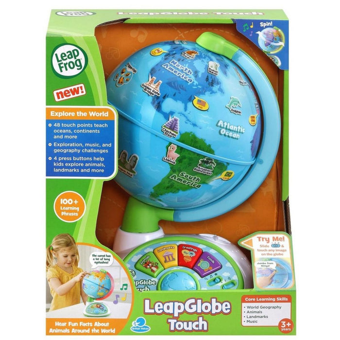 LeapFrog LeapGlobe Touch educational toy packaging with globe and accessories.