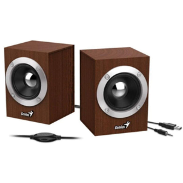 Pair of wooden speakers with black drivers on a white background