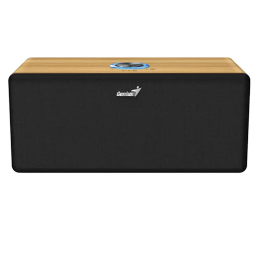 Black rectangular speaker with wooden top and Genius logo on a white background