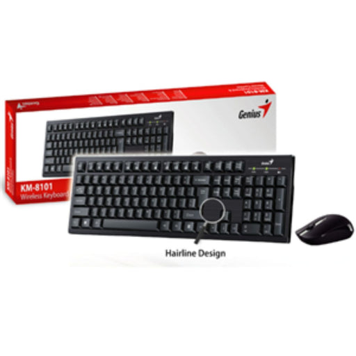 Black keyboard and mouse set with Genius branding on a white background