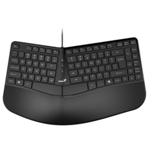 Black ergonomic keyboard on a white background