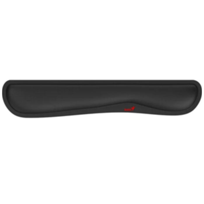 Black wrist rest with a red logo on a white background