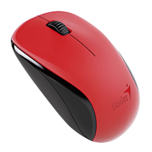 Red and black computer mouse with Genius logo on a white background