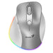 Silver gaming mouse with RGB lighting on a white background, featuring the Genius logo.