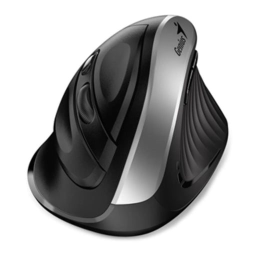 Black and silver ergonomic mouse on a white background
