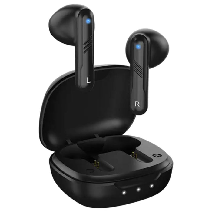 Black wireless earbuds with charging case on a white background