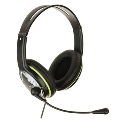 Black gaming headset with microphone on a white background