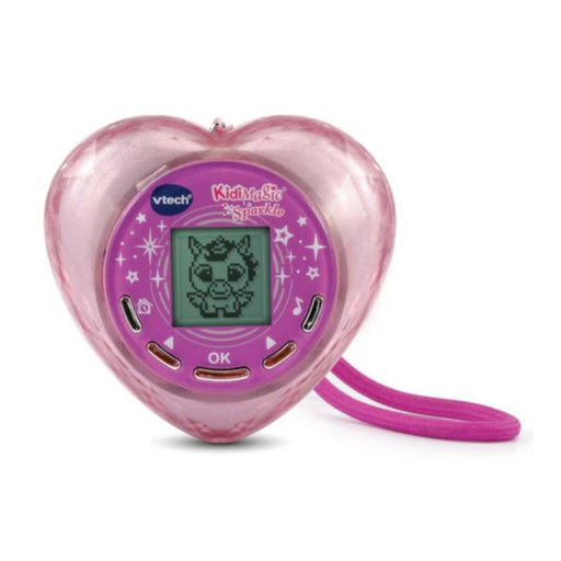 Pink heart-shaped VTech toy with digital display on a white background