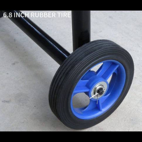 6.8 inch rubber tire with blue rim on a gray background