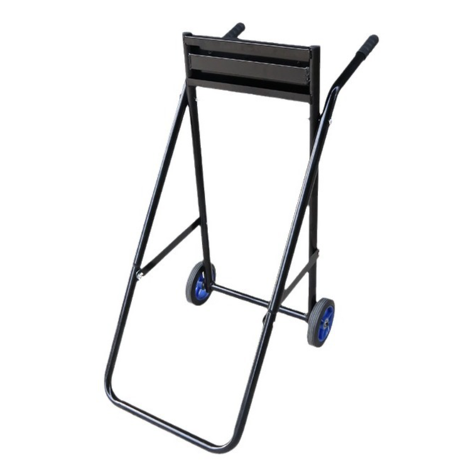 Black metal stand with wheels on a white background
