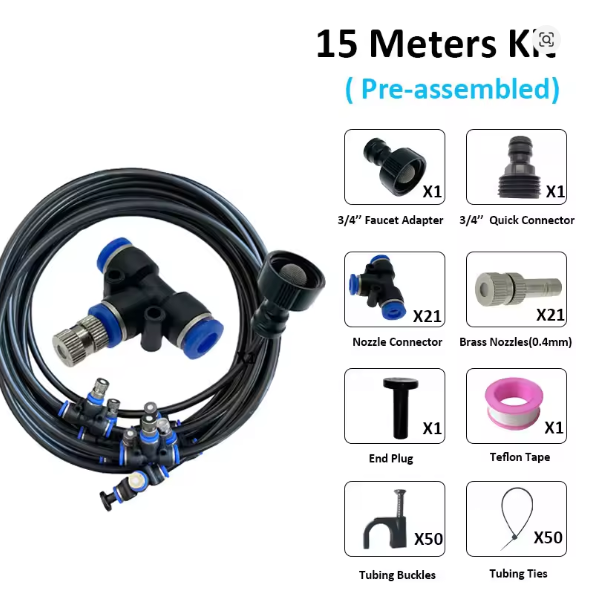 15-meter pre-assembled Outdoor Misting Cooling System with components on a white background
