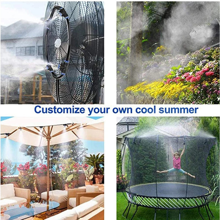 Collage of outdoor cooling products including a large fan, misting system, patio umbrella, and trampoline with a child playing.