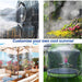 Collage of outdoor cooling products including a large fan, misting system, patio umbrella, and trampoline with a child playing.
