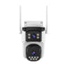 A dual-lens wireless security camera with two antennas, featuring a white and black design with multiple LED light elements, shown against a solid white background.