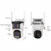 White and black outdoor security camera shown from front and back angles with overlaid dimension labels (185mm height, 147.6mm width, 123mm antenna spacing) and callout labels for features like dual antenna, IR&white integrated light, HD lens, TF card slot, reset, RL45, and speaker.