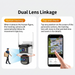Promotional graphic for a dual-lens security camera showing two feature callouts: 'Human tracking' with a delivery person illustration and the camera, and 'Tap and check' with a smartphone screen demonstration and a finger pointing at the display.