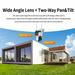 A security camera product shown over a modern house illustration with marketing text reading 'Wide Angle Lens + Two-Way Pan&Tilt' and callouts for horizontal 270° and vertical 90° coverage.