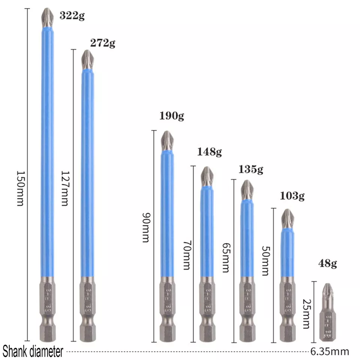 Set of screwdriver bits with measurements on a white background