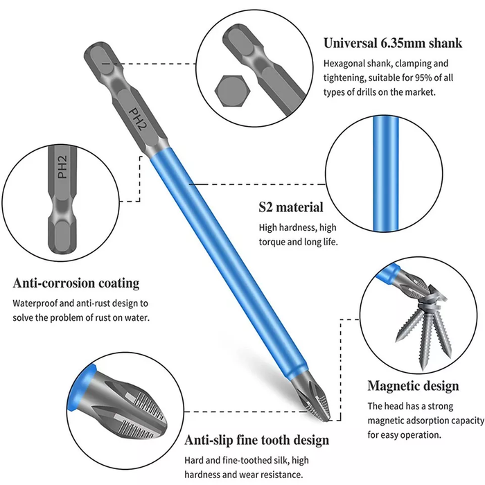 Blue screwdriver bit with features highlighted on a white background