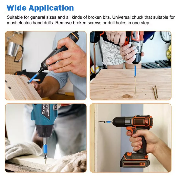 Universal chuck tool being used with various electric hand drills in a workshop setting.