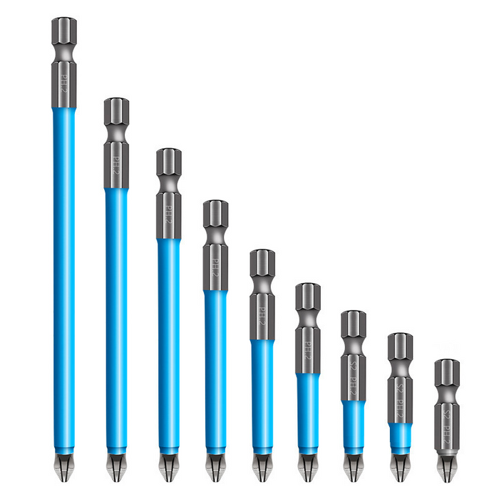 Set of blue and gray drill bits on a white background