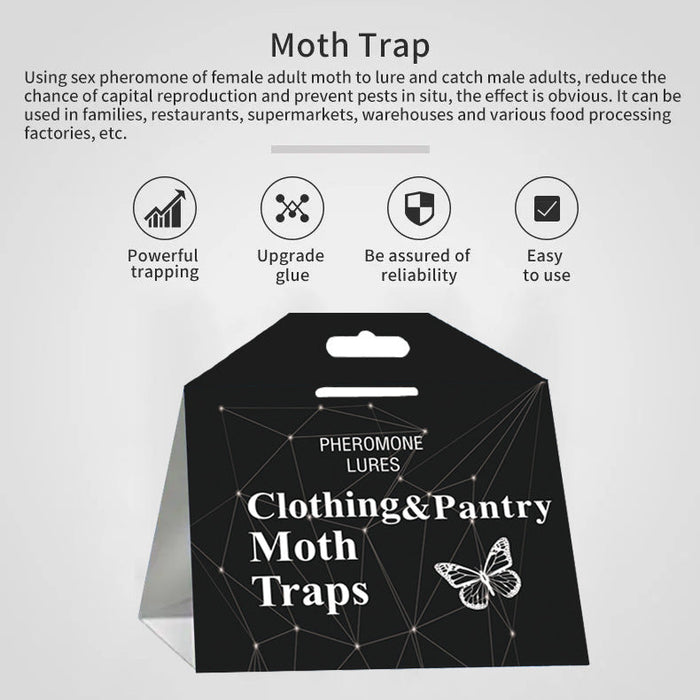 A product information graphic for moth traps. The top text reads 'Moth Trap' and describes using sex pheromone to lure and catch male adults, with four feature icons: powerful trapping, upgrade glue, assured reliability, and easy to use.