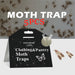 Clothing and Pantry Moth Trap packaging with moths on a dark background