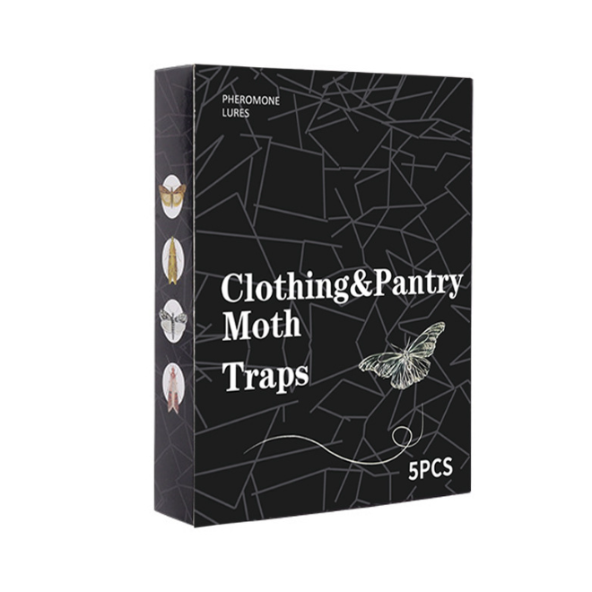 Box of clothing and pantry moth traps with geometric design and butterfly illustration.