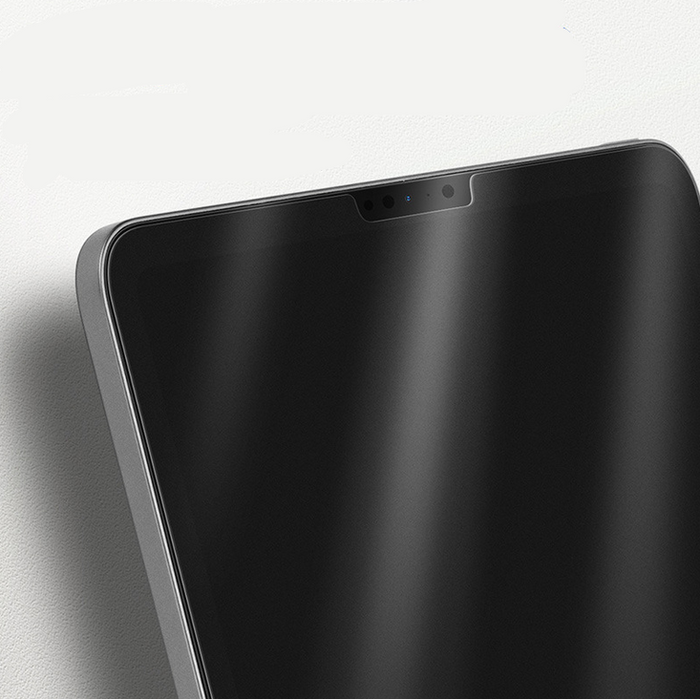 Smartphone screen with protective film on a white background, featuring text about being friendly to Apple Pencil.