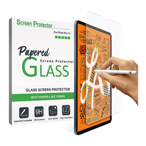 Glass screen protector for iPad Pro with packaging and a hand using a stylus.