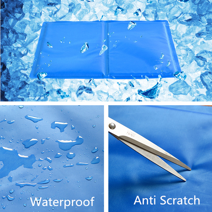Blue waterproof material with water droplets and scissors on a blue background