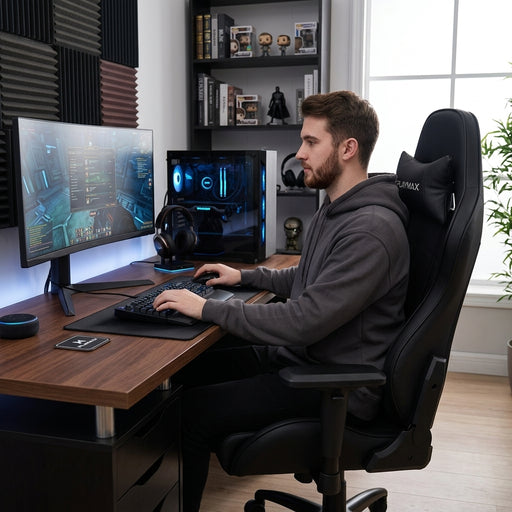 A young man sitting in a black Playmax gaming chair at a wooden desk with a gaming monitor, mechanical keyboard, mouse, and RGB PC setup.