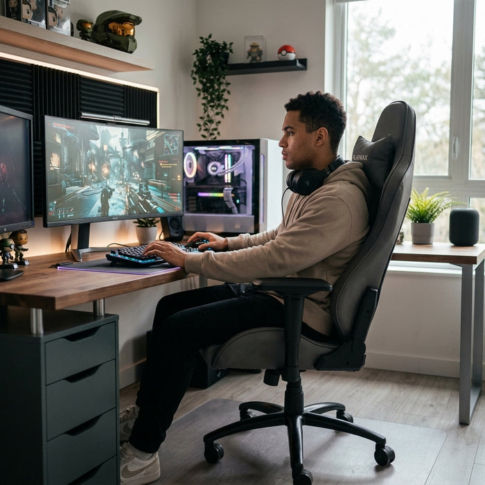 A young man sitting in a grey Playmax gaming chair at a modern, organized desk setup, focused on playing a video game on a large monitor.