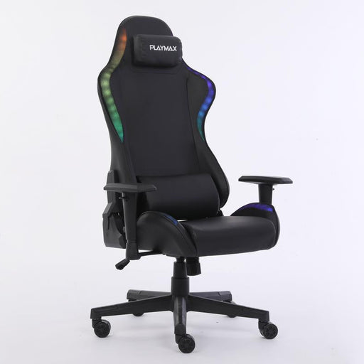 Black gaming chair with colorful accents on a white background