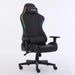 Black gaming chair with colorful accents on a white background