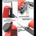 Red sandblasting gun with various components and features highlighted on a white background.