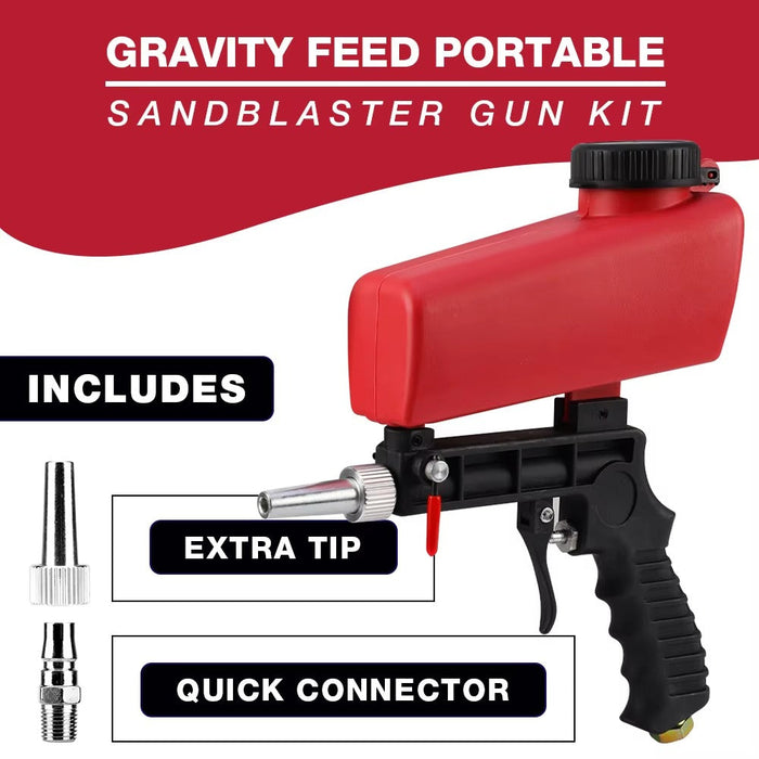 Red and black sandblasting gun with accessories on a white background