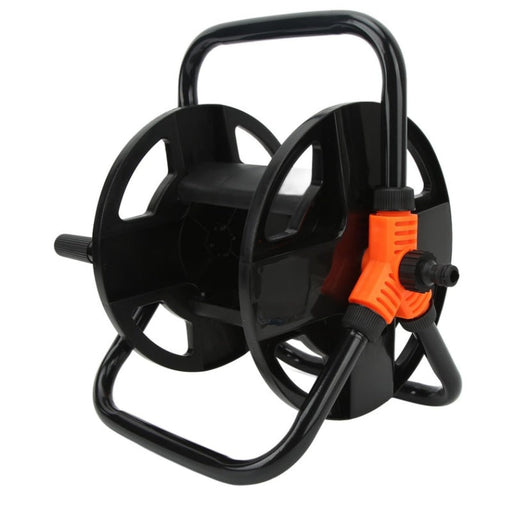 Black hose reel with orange nozzle on a white background