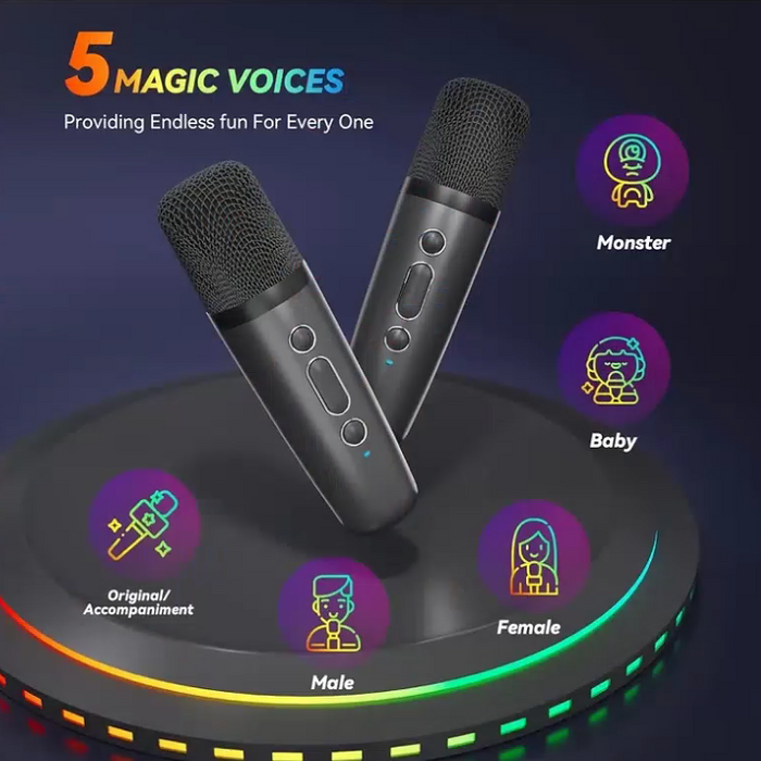 Two microphones on a stand with five different voice options displayed on a dark background.