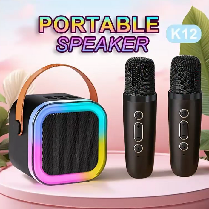 Portable speaker with gradient design and two microphones on a pink background