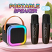Portable speaker with gradient design and two microphones on a pink background