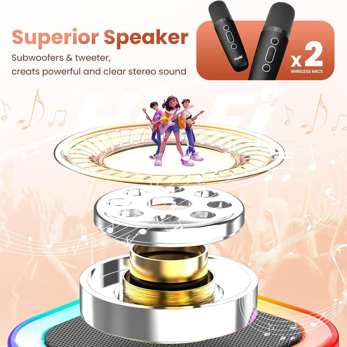 Speaker with subwoofers and tweeter, featuring wireless microphones on a colorful background.