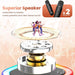 Speaker with subwoofers and tweeter, featuring wireless microphones on a colorful background.